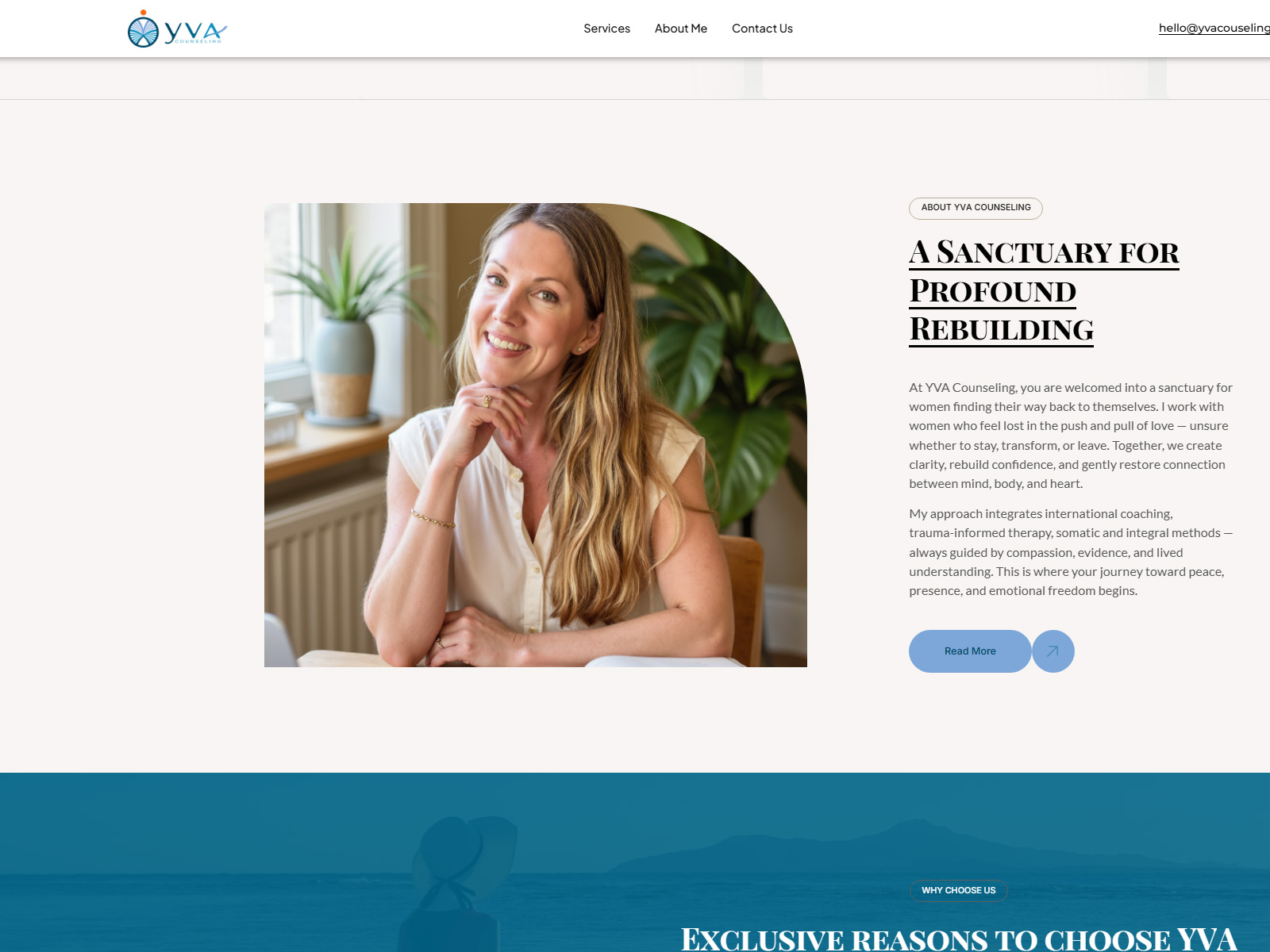 Página do site YVA Counseling em inglês